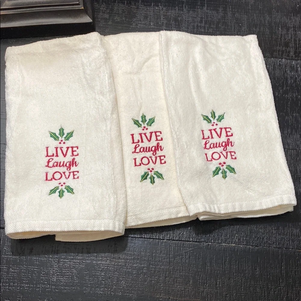 Set Of 3 VGUC Live Laugh Love Christmas Holiday Embroidered Hand Towels!
